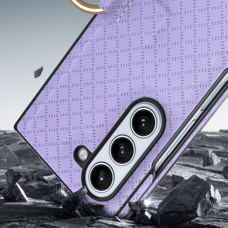 GKK Anti-Drop Phone Case for Samsung Galaxy Z Fold5 5G Grids Imprinted PU PC Phone Cover with Ring Finger Holder GKK Anti-Drop Phone Case for Samsung Galaxy Z Fold5 5G Grids Imprinted PU PC Phone Cover with Ring Finger Holder